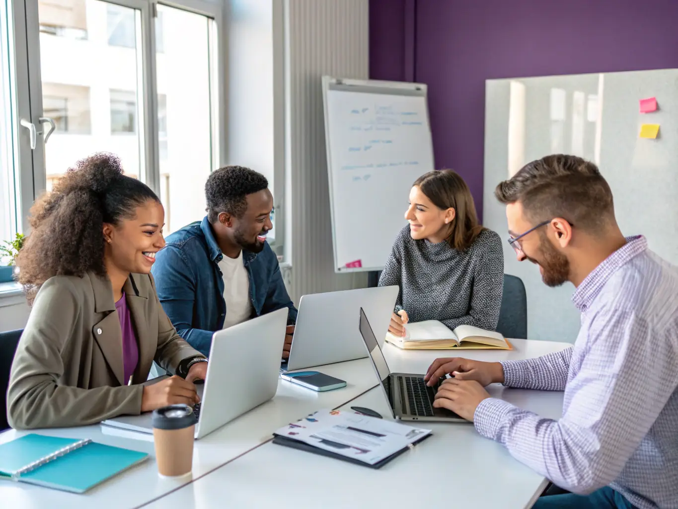 A group of professionals participating in an interactive workshop, collaborating on ideas and learning new techniques for improving team productivity and leadership skills.