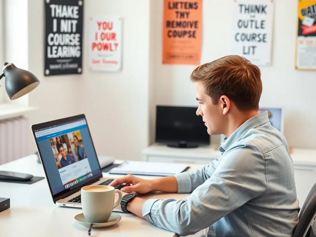 A person studying on a laptop, taking an online productivity course, with a focus on time management, prioritization, and goal setting, in a comfortable and flexible learning environment.